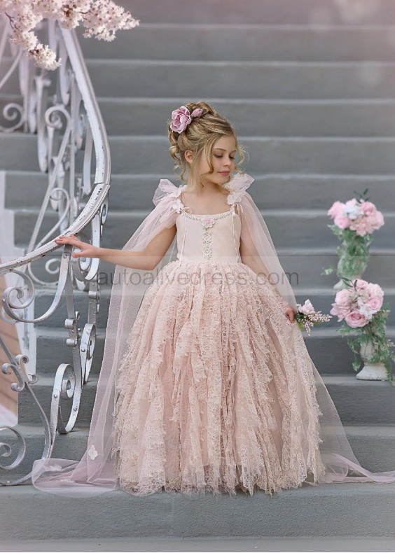 Beaded Pink Eyelash Lace Satin Flower Girl Dress With Cape